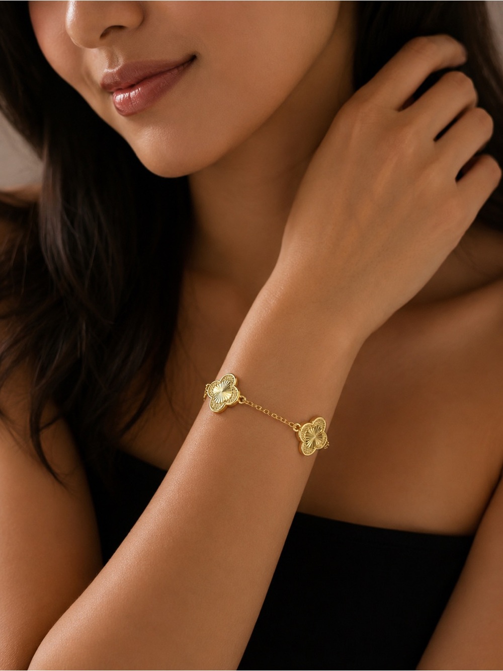 Gold Floral Clover Link Bracelet - Women Jewelry